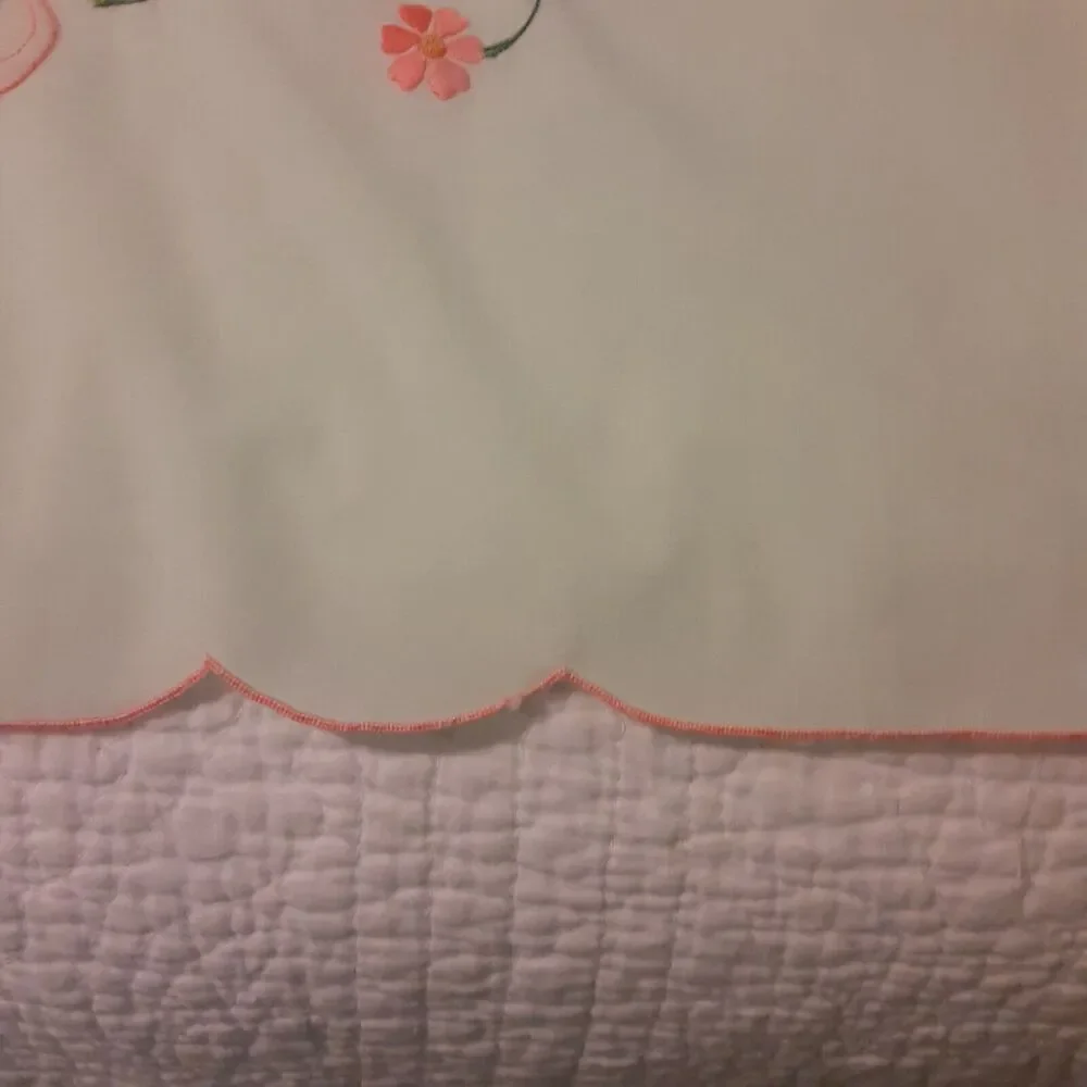 Vintage Handmade Needlepoint Scalloped Floral Tablecloth Intricate Beautiful